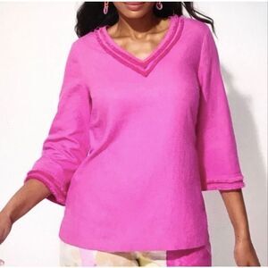 NEW Chico’s Fray Trim Easy Top blouse size 4‎ US XXL Pink Daisy 3/4 sleeve linen